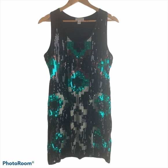 Donna Morgan Black, Green, Silver Sleeveless Sequinned Mini Dress Size 10 - Picture 1 of 6